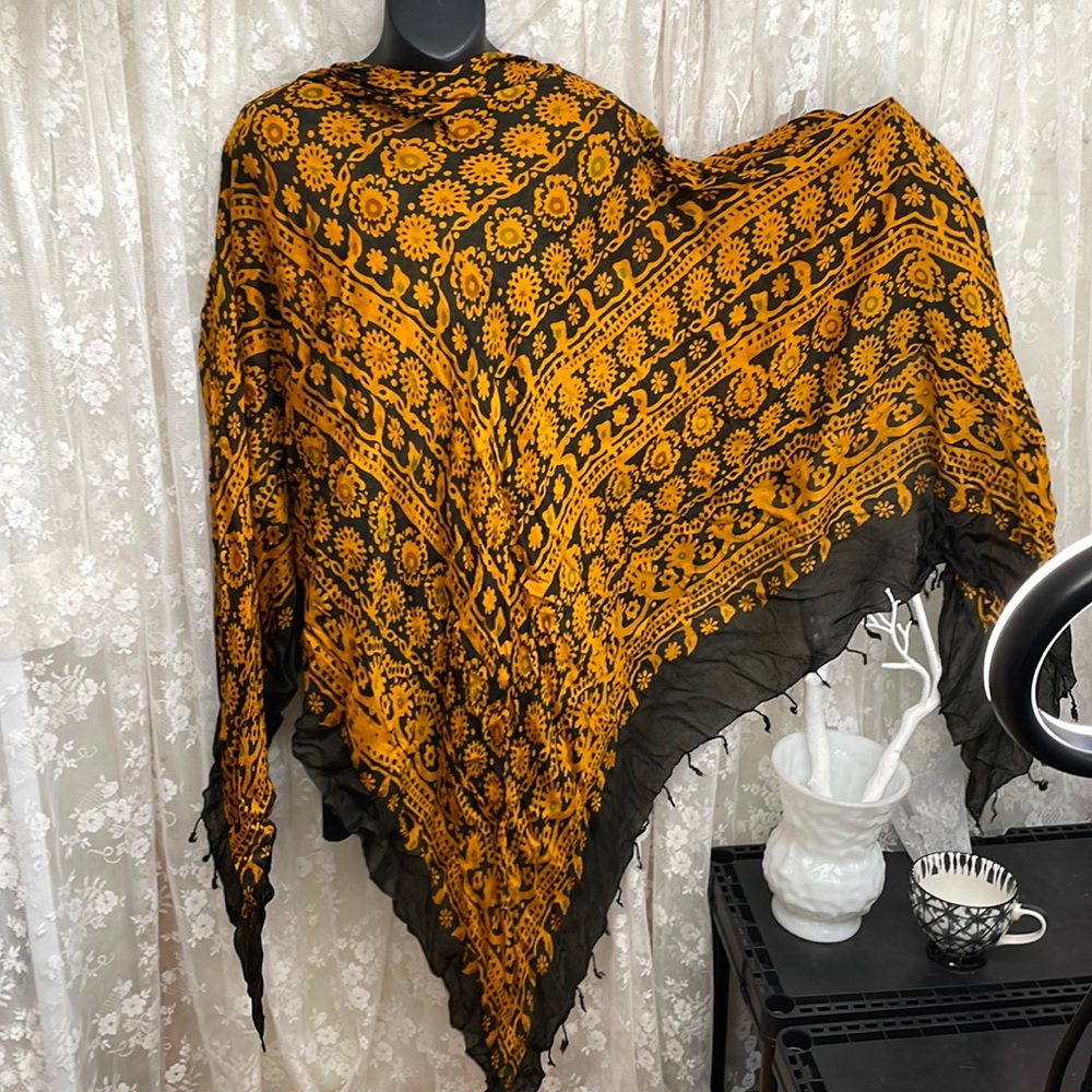 Orange & Black Oversized Square Scarf. Fold for Triangle Large Shawl